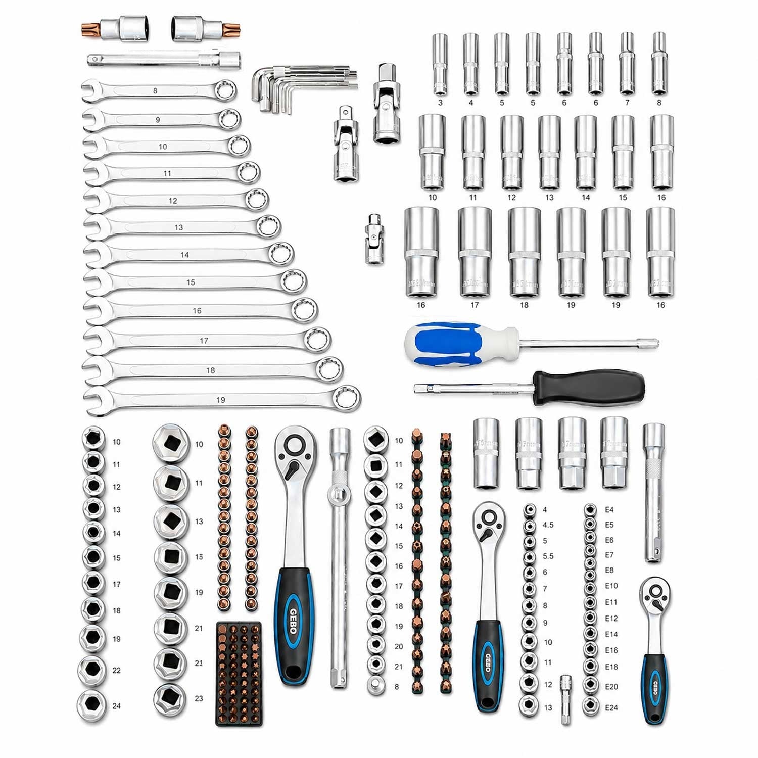 Valigetta utensili professionale, set di chiavi a bussola, inserti Torx cricchetti, chiavi combinate, chiavi a brugola, prolunghe, kit attrezzi per auto, officina fai-da-te con attacchi 1/4" 1/2'' 3/8'', 216 pezzi Gebo Tools