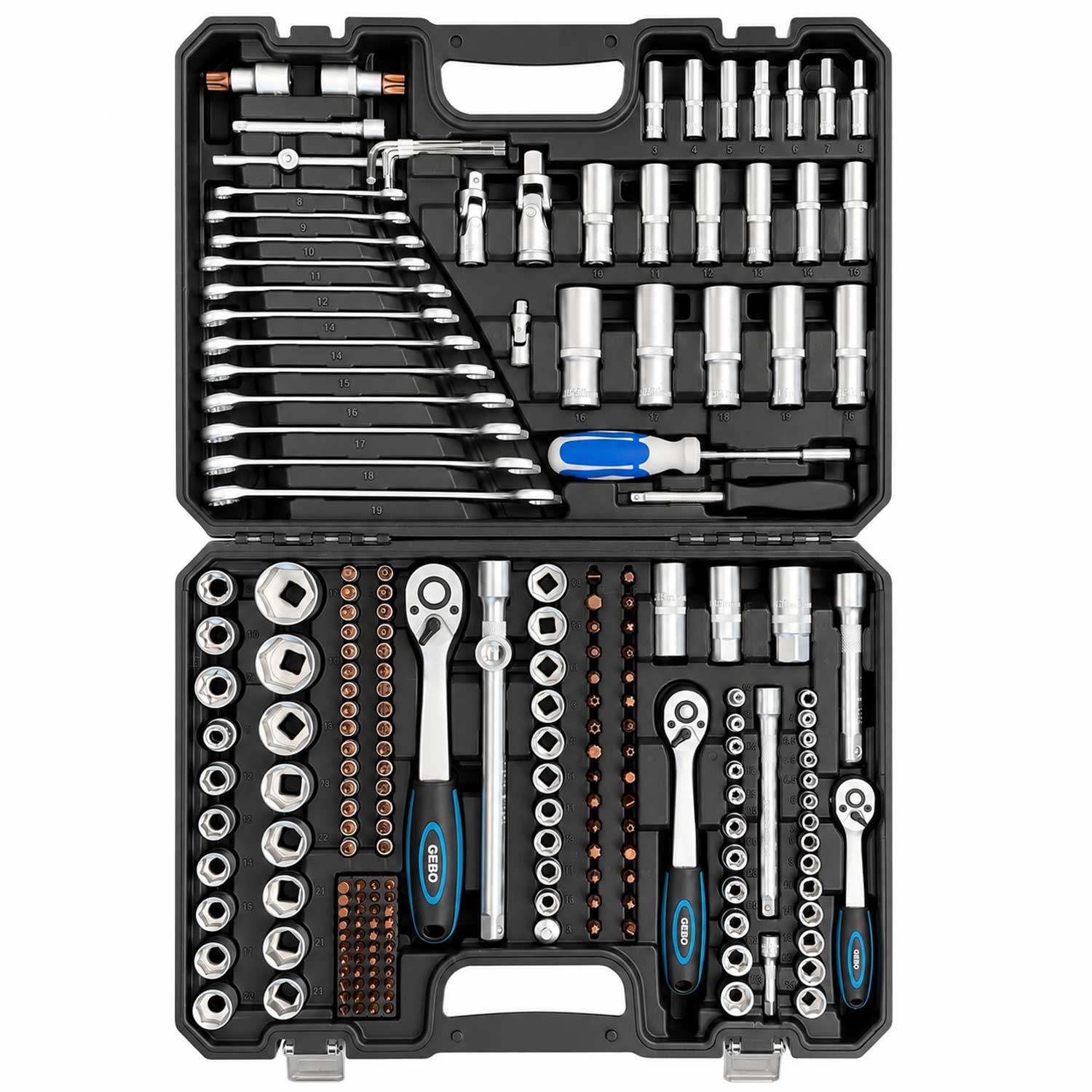 Valigetta utensili professionale, set di chiavi a bussola, inserti Torx cricchetti, chiavi combinate, chiavi a brugola, prolunghe, kit attrezzi per auto, officina fai-da-te con attacchi 1/4" 1/2'' 3/8'', 216 pezzi Gebo Tools