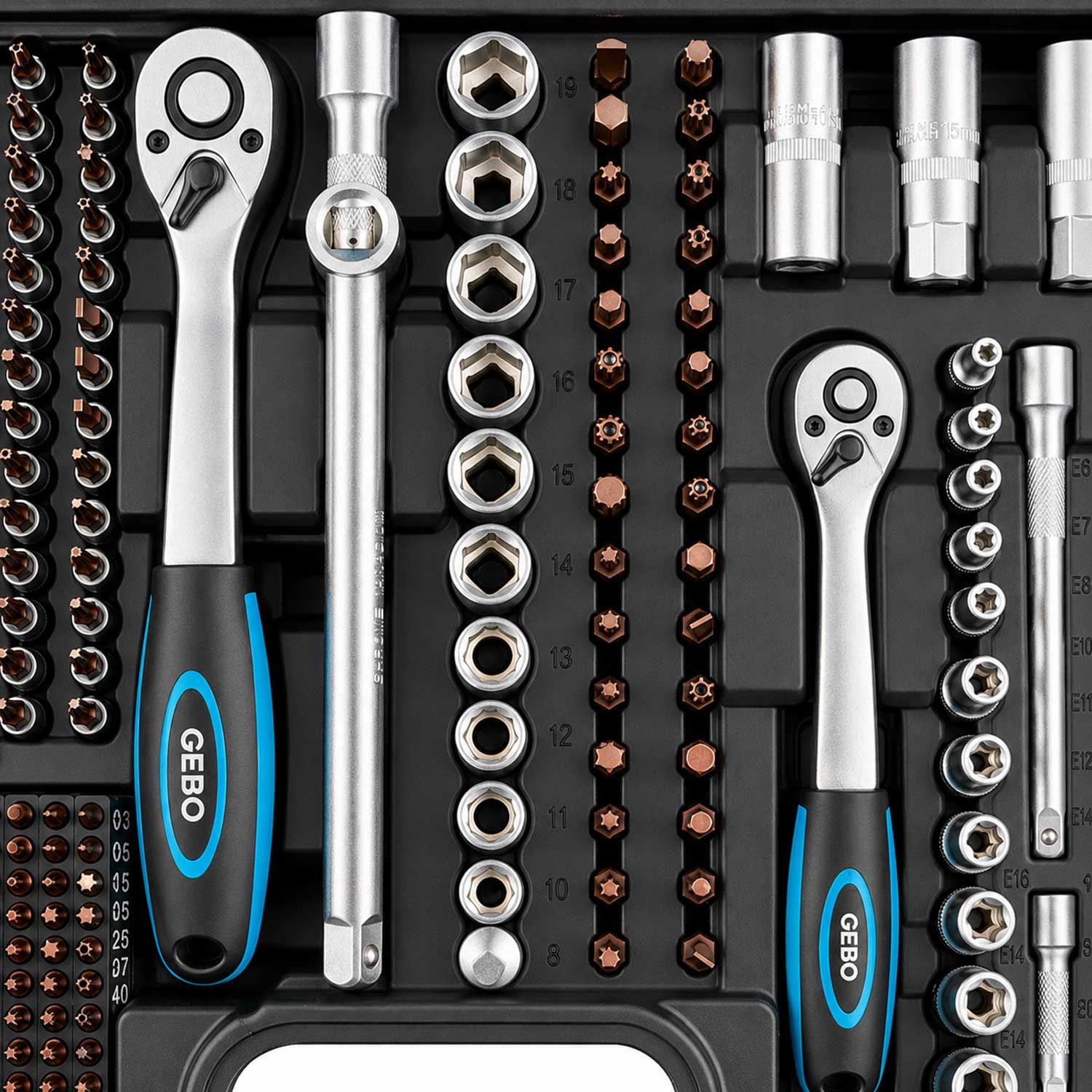 Valigetta utensili professionale, set di chiavi a bussola, inserti Torx cricchetti, chiavi combinate, chiavi a brugola, prolunghe, kit attrezzi per auto, officina fai-da-te con attacchi 1/4" 1/2'' 3/8'', 216 pezzi Gebo Tools