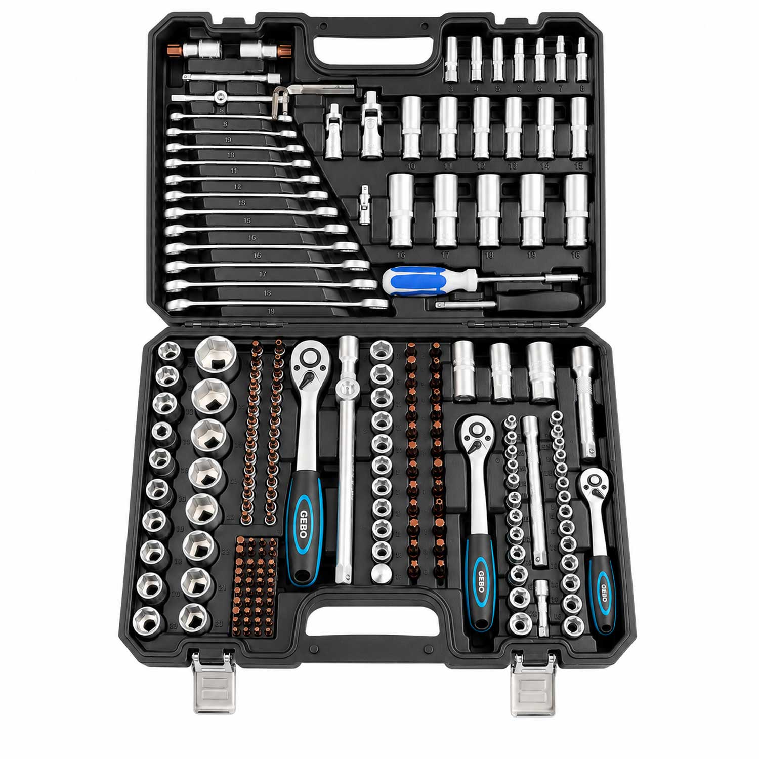 Valigetta utensili professionale, set di chiavi a bussola, inserti Torx cricchetti, chiavi combinate, chiavi a brugola, prolunghe, kit attrezzi per auto, officina fai-da-te con attacchi 1/4" 1/2'' 3/8'', 216 pezzi Gebo Tools