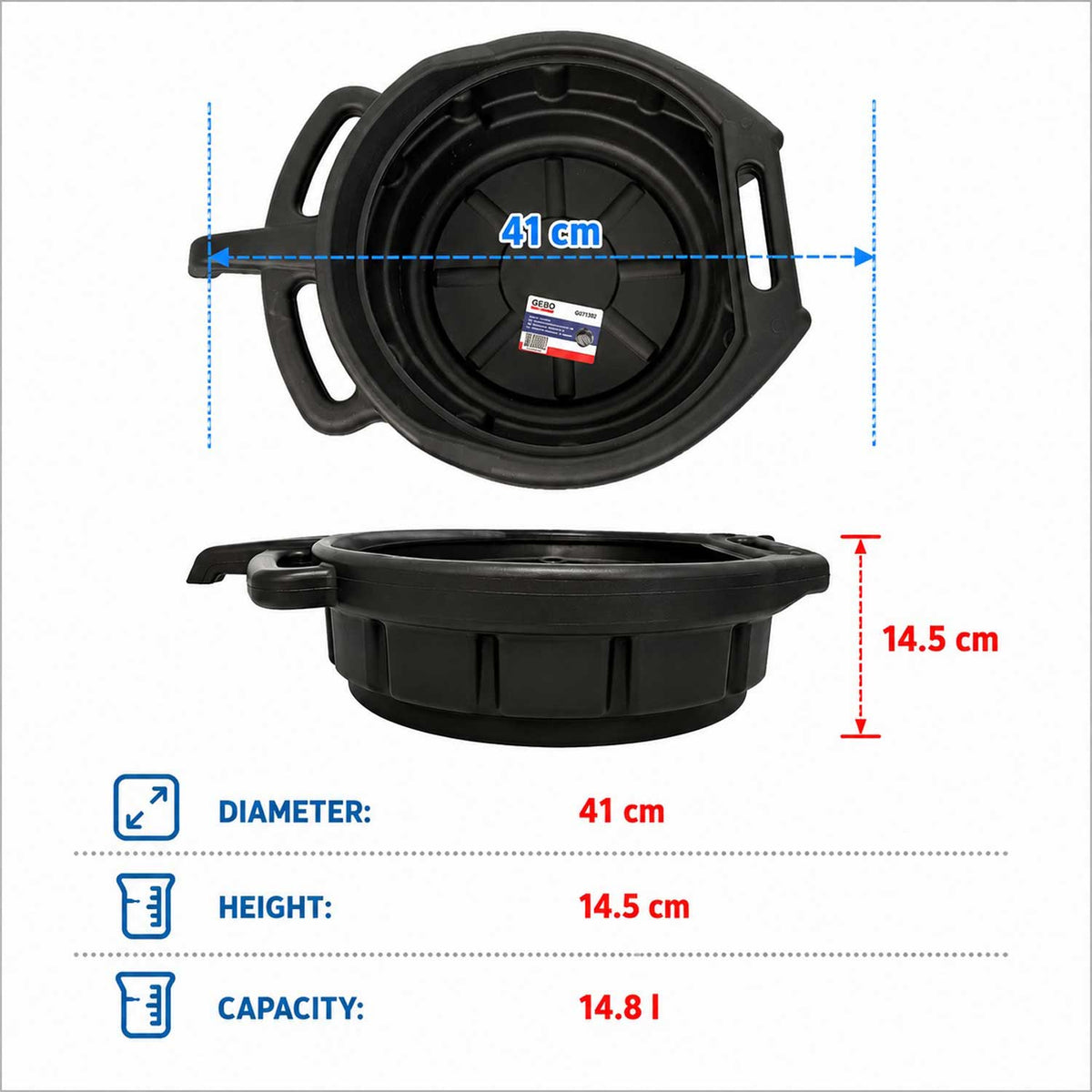 Vaschetta rotonda per recupero liquidi professionale, scarico e raccolta olio esausto, cambio auto, bacinella con beccuccio, per officina e garage, diametro 410 mm, 15 litri Gebo Tools