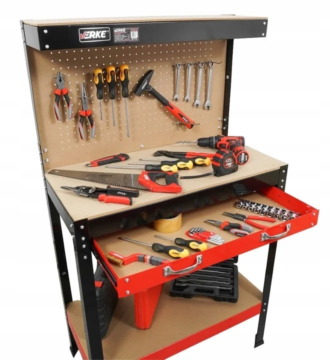 Banco da lavoro con pannello forato e cassetto  80 x 40 x 140cm Verke