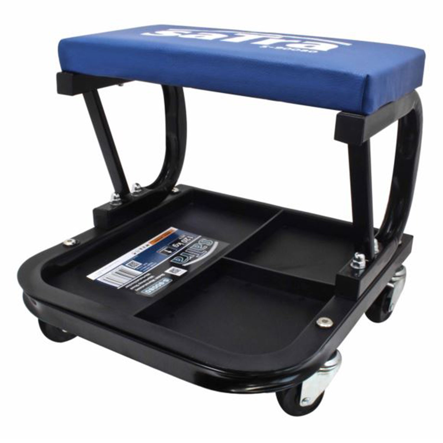 Sgabello da officina, sgabello da lavoro blu con 4 ruote ripiano, sgabello da officina con rotelle, 120kg Satra
