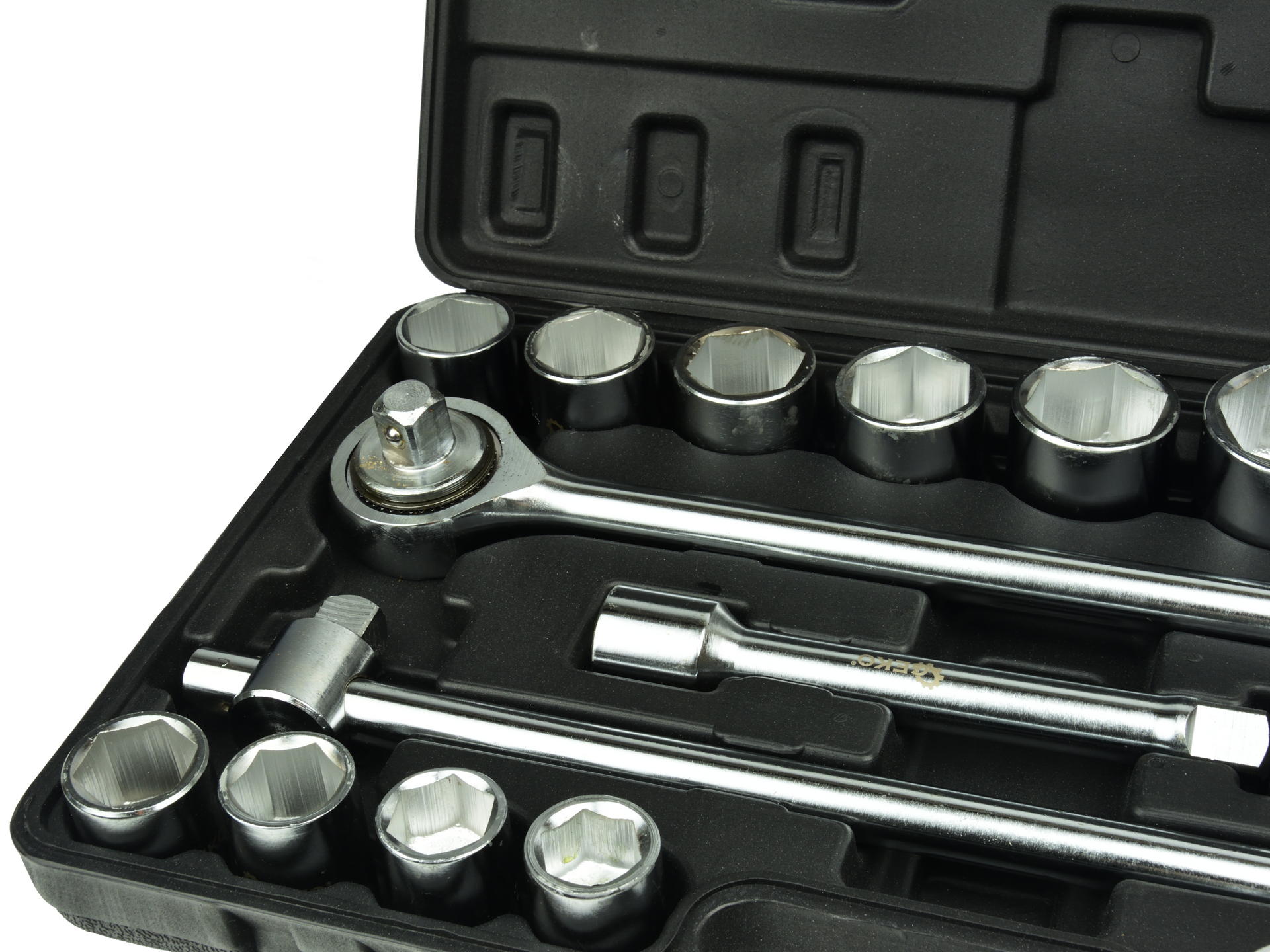 Set di bussole con cricchetto reversibile, esagonali, estensibile, 19–50 mm (3/4"), 21 pz., con prolunghe, Geko
