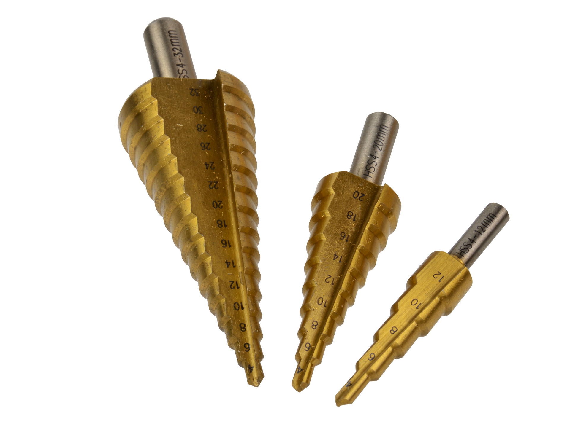 Set 3 punte coniche, fresa conica trapano a gradini, punte con gambo e 1 punzone centrale, adattabile a avvitatore, 4–12 mm, 4–20 mm, 4–32 mm